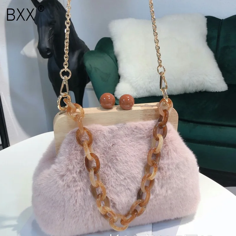 

[BXX] Women Box Bag Handbag 2019 Autumn Winter Velvet Acrylic Chain Clip Bucket Bag Women Luxury Brands Designer Purses HI404