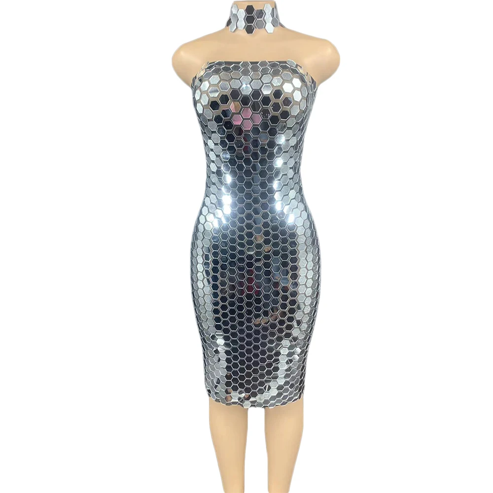 

Fashion Silver Sequin Strapless Bodycon Dress Birthday Celebration Sheath Dress Women Party Banquet Sexy Dress Dance Stage Wear