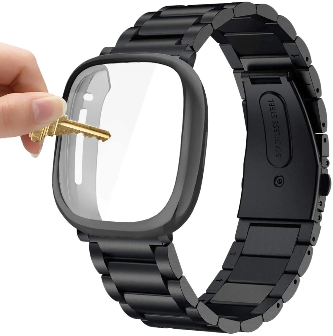 Fitbit Versa 4 3 밴드 밀라노 스테인레스 스틸 메탈 스트랩 Fitbit Versa Sense 2 스크린 보호 케이스 포함..