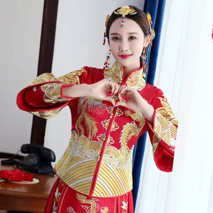 Chinese Traditional Wedding Dress Bride New Style Spring Summer Red Retro Chinese Style Marriage Slimming Dress for Toast