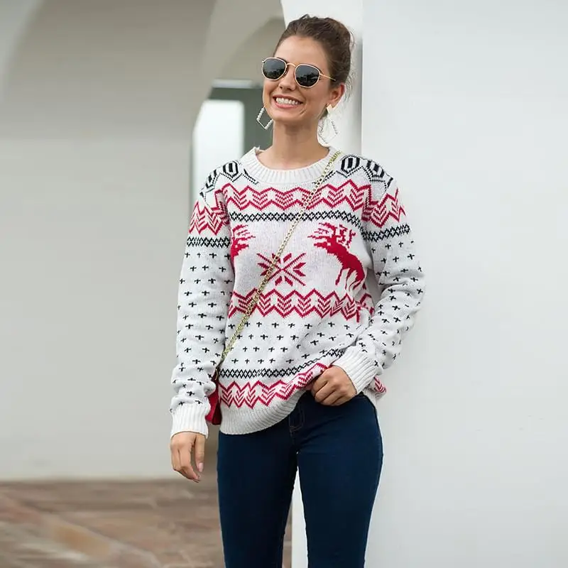 

Autumn Winter Sweater Women Deer Print Christmas Gift Knitted Sweaters Casual Long Sleeve Pullover Sueter Mujer Invierno 2019