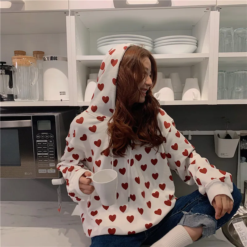 Толстовка с принтом в виде сердца для женщин Kawaii Толстовка Harajuku одежда пуловер с капюшоном корейского размера плюс хлопок Повседневная Уличная одежда Топ W112