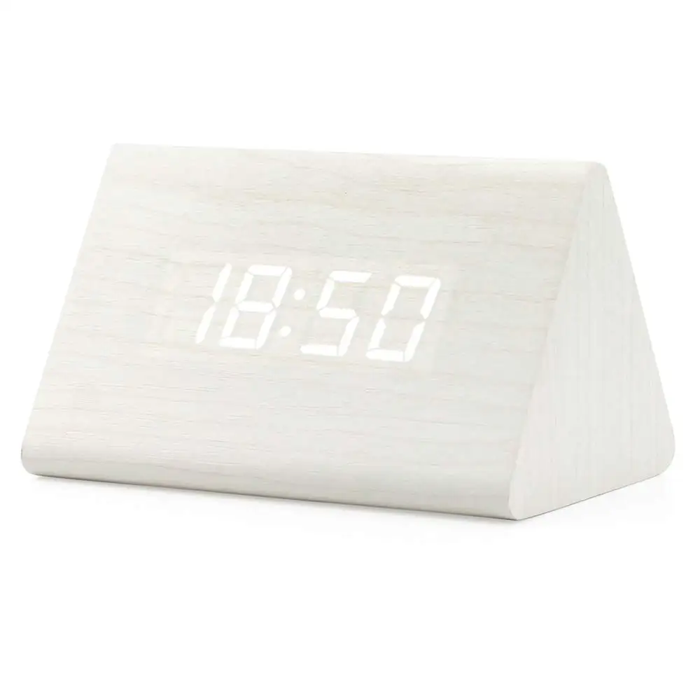 White Sound Control Wooden Clock 3Group Alarm Desk Clock 3Level Brightness Adjustable Wakeup Light With Time Date Temperature Display - Цвет: White