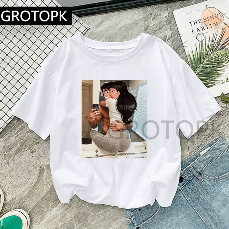 GROTOPK/забавная Повседневная футболка для девочек с надписью «Love You», «Jasmine& Aladdin», хлопковая Футболка с круглым вырезом и принтом, повседневная женская футболка с коротким рукавом в стиле Харадзюку