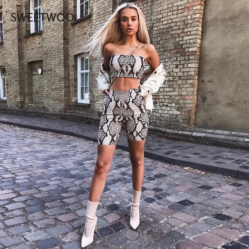 Snake Skin Crop Top Sexy Tank Top Shorts 2 Pieces Sets 2021 Summer Autumn Women Fashion Elastic Sportswear Female Set
