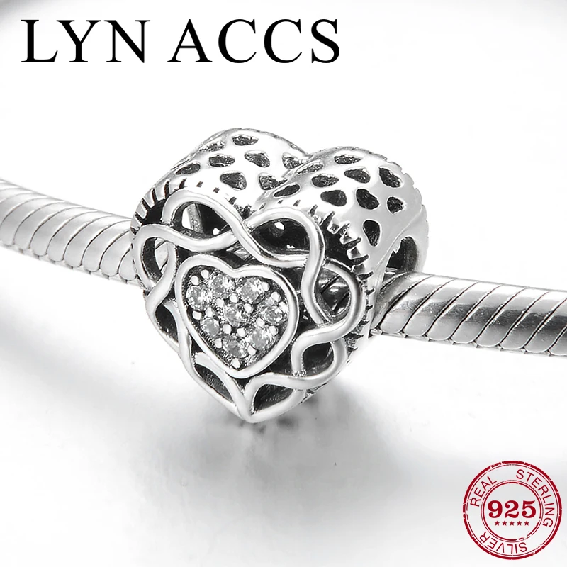 Heart shaped garland Authentic 925 Sterling Silver Clear CZ Heart Beads Fine Jewelry DIY Fit Original Pandora Charm Bracelets