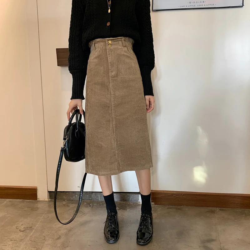 Khaki skirt FairyShely Женская юбка осень зима вельветовые разрезные юбки элегантный корейский стиль Мода карман Высокая талия длинная юбка Femme - Цвет: Khaki skirt