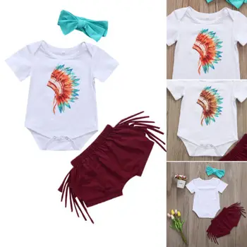 

Summer Infant Baby Girls Outfits Feather Romper Top Tassels Shorts Pants Clothes