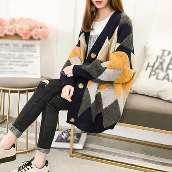 

Women Sweater Coat Lazy Style Patchwork Button Pocket Long Coat Women 2019 Autumn Winter Coat New Arrival