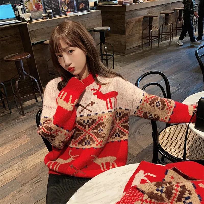Najtaniej Boże narodzenie nowy rok Retro czerwony sweter kobiet głowy zagęścić 2019 jesienią i zimą nowy luźny, gruby kurtka z wełny góry