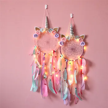 

Dream Catcher Home Pendant Decoration Luminous Unicorn Wind Bells Wall Hanging Catching Monternet Wedding Party Decor Feathers