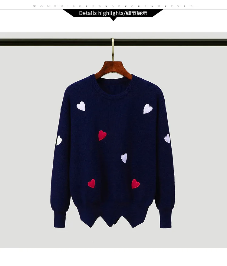 Baharcelin Для женщин для девочек; зимняя одежда с вышивкой, с вязаные свитера-пуловеры Повседневное свободный свитер с принтом свитера с сердечками трикотажные топы - Цвет: dark blue