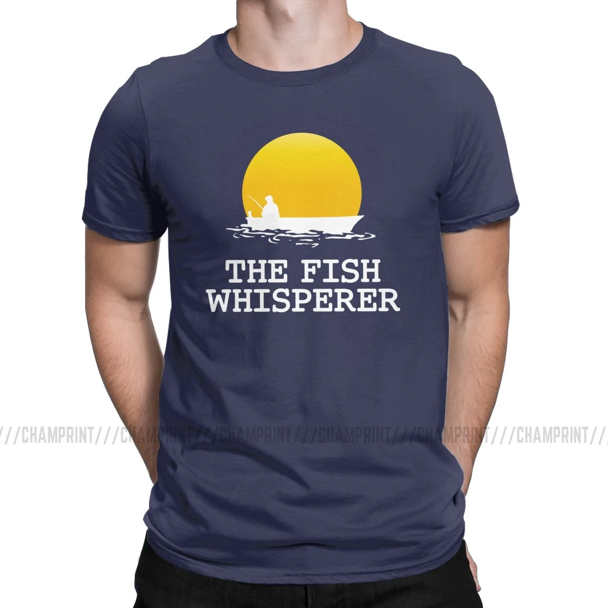 Для мужчин футболки рыба Whisperer Смешные натуральный хлопок Футболка короткий рукав Рыбалка смешные ботинки в рыбацком стиле; футболка с круглым вырезом Костюмы - Цвет: Тёмно-синий