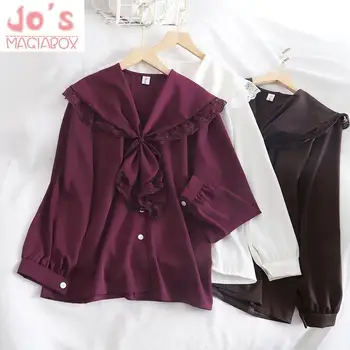 

Sweet Kawaii Sailor Collar Womens Solid Chiffon Tops And Blouses Ladies Casual Vintage Lace Long Sleeve Shirts Blusas Mujer