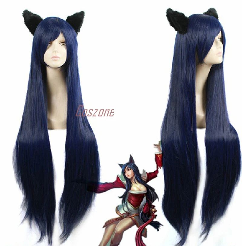LOL League of Legends Ahri The Nine Tail Fox Косплей Длинные темно-синие термостойкие синтетические