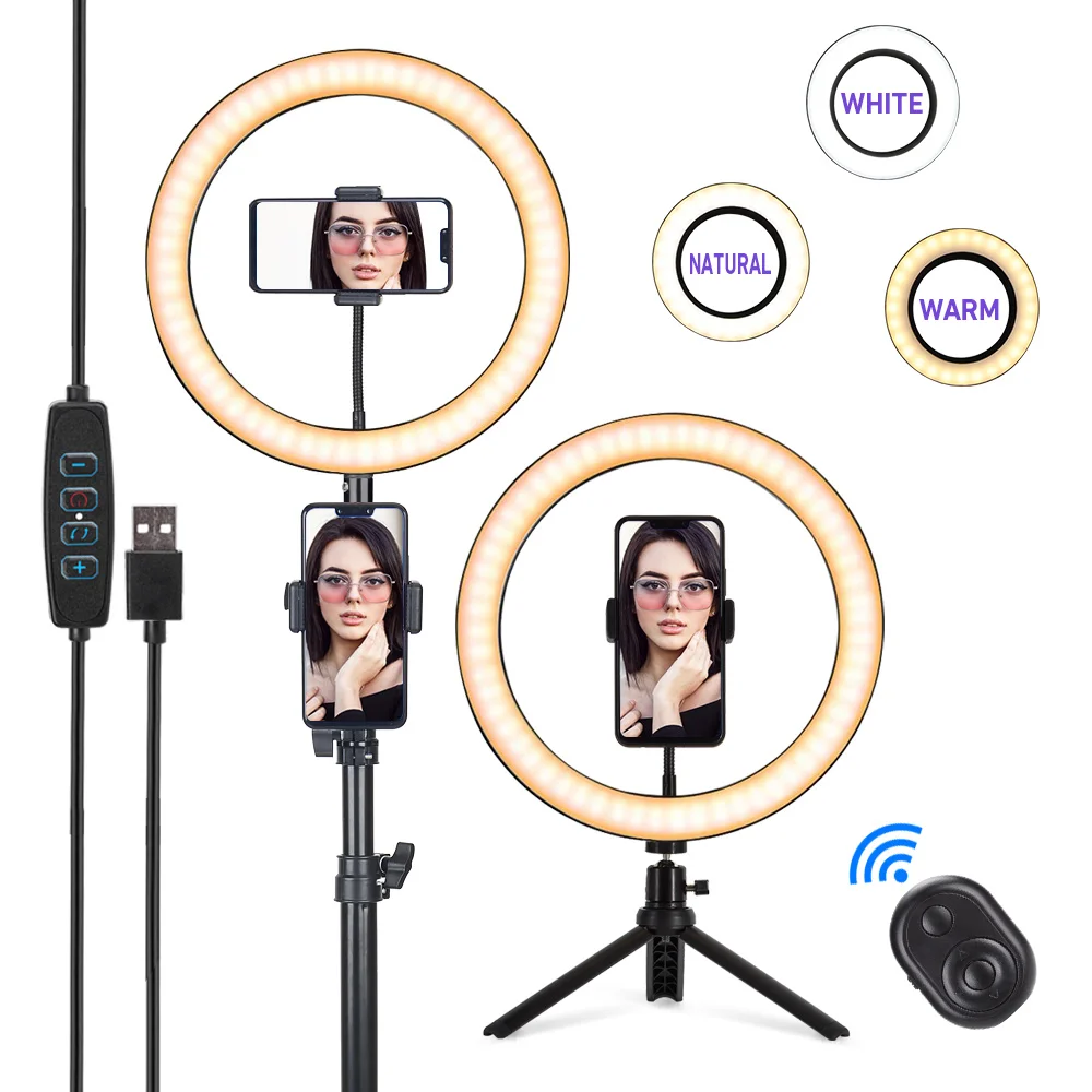 

Ring LED 10 12 inch Selfie Ring Photography Light Lamb USB Stepless Dimming Light Desktop Tripod 1.9m For Phone Makeup Video INS