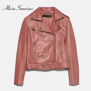 

New 2020 Spring Women's Locomotive Faux Leather Jacket PU Black Naked Pink Color Soft High Quality Biker Coats