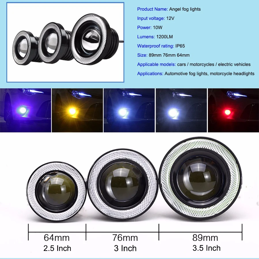 Hot 2pcs/lot Universal 3.5 Inch 89mm Led COB Fog Light Car Auto Angel Eyes With Lens DC12V 24V Any Can Use BE|angel eyes|car autofog light |