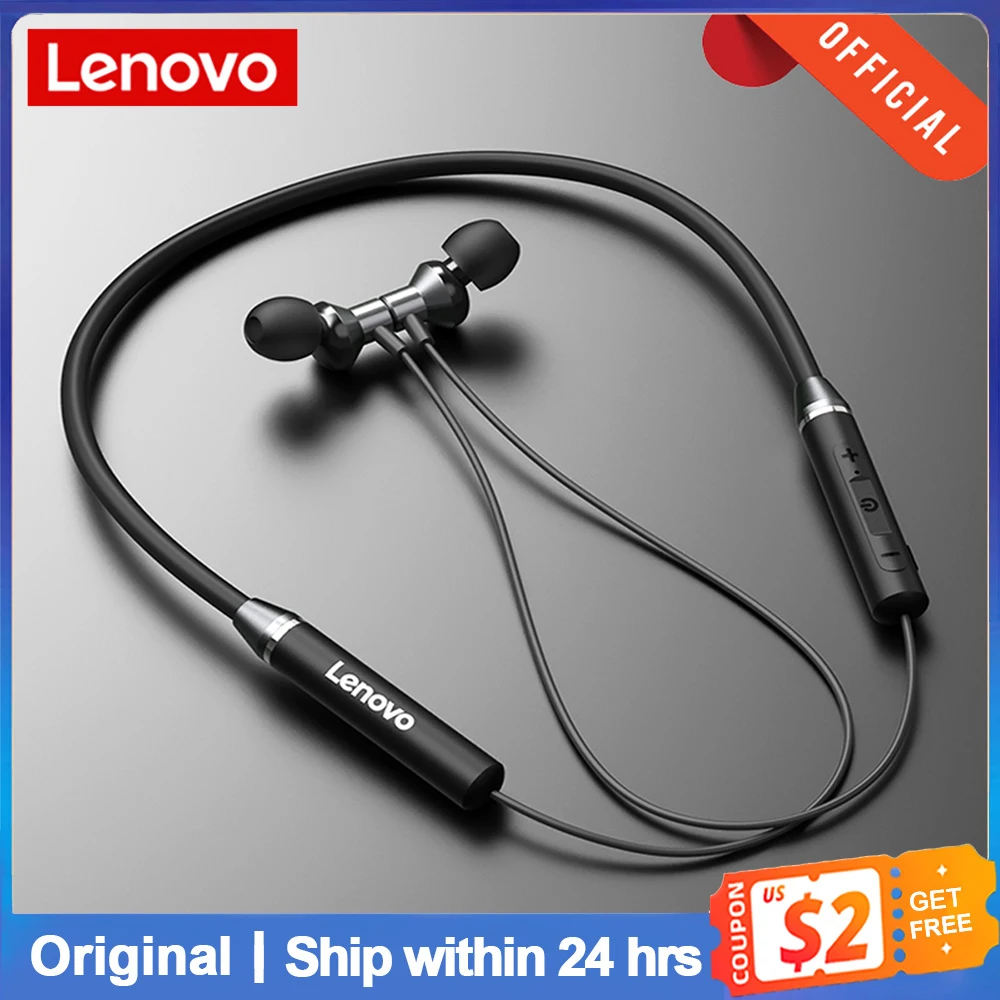 Lenovo-auriculares inalámbricos HE05 con Bluetooth 5,0, dispositivo de audio magnético con banda para el cuello, estéreo Dual, graves, deportivo, con cancelación de ruido y micrófono