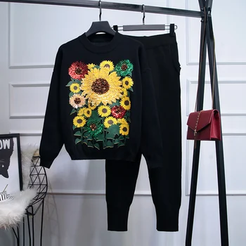 

HIGH STREET New Stylish 2020 Runway Suit Set Women's O-Neck long sleeve Sequined knitting top Sweater Pants Print Set
