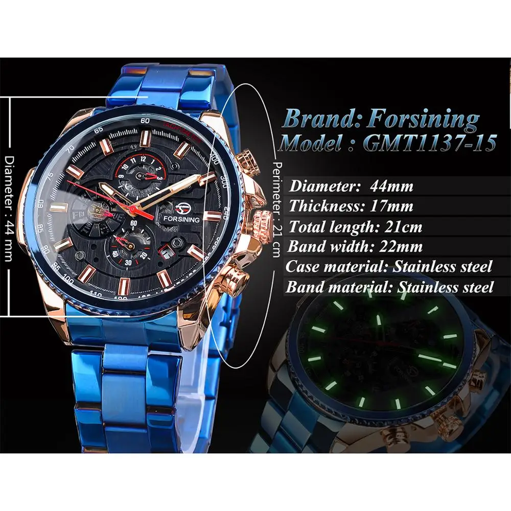 Forsining Three Dial Calendar Stainless Steel Mens Automatic Mechanical Sport Wrist Watches Top Brand Luxury Sport Male Clock