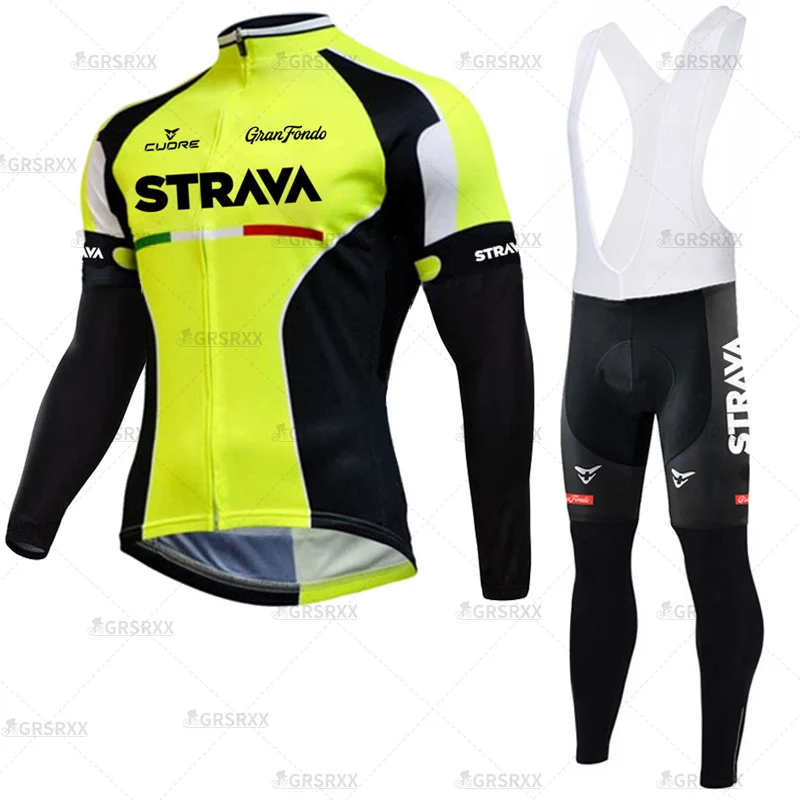 STRAVA Cycling Jersey Set 2021 Spring Pro Bicycle Team Long Sleeve Bicycle Clothes Premium MTB Mountain Bike Bib Sportswear Suit