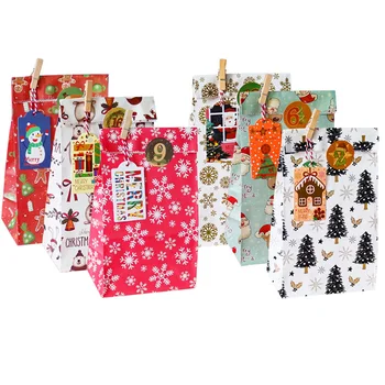 

120Pcs/Set Christmas Paper Empty Bags Gift Sweet Candy Xmas Party Storage Bag W/ Label Digital Stickers Tags Ropes Wooden Clips