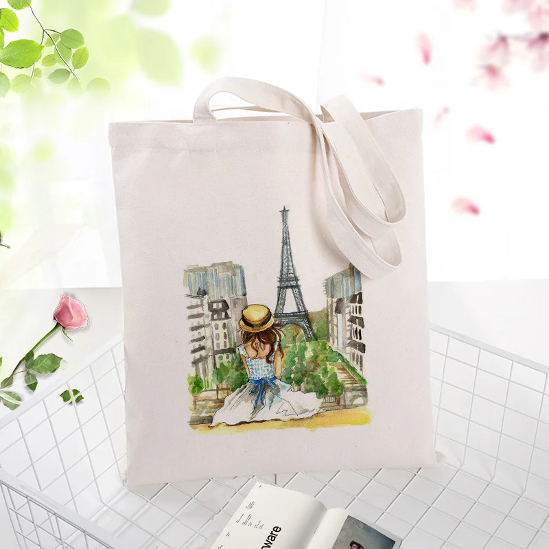 Парижский узор Холщовая Сумка для сумки ежедневного использования текста DIY пользовательская печать сумка для покупок с логотипом эко многоразовая утилизация
