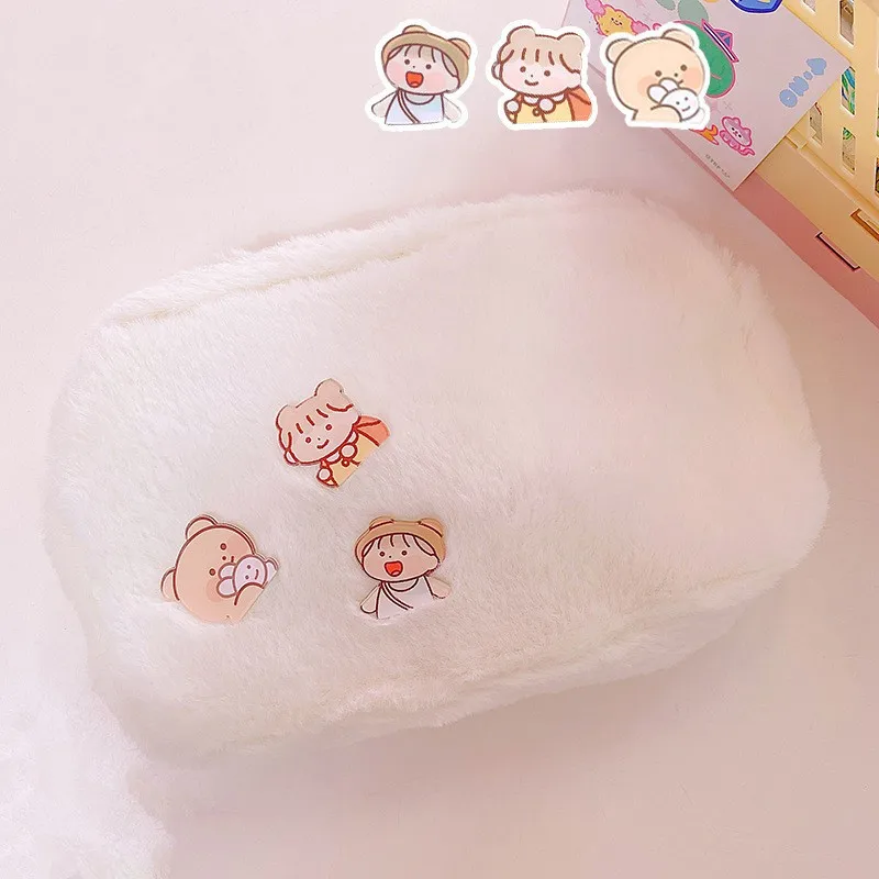 【Happier】 Plush Cosmetic Bag Korea Student School Pencil Case Girls Large Capacity Storage Bag Women Travel Makeup Pouch Holder Girls Gift. 