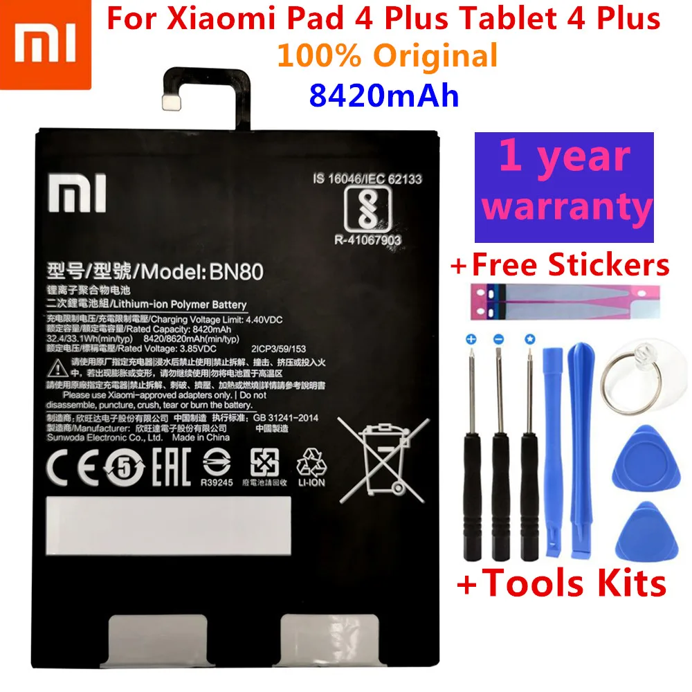 

Original Xiao Mi Tablet Replacement Battery BN80 For Xiaomi Pad 4 Plus Tablet 4 Plus High Capacity 8420mAh Batteries +Tools Kits
