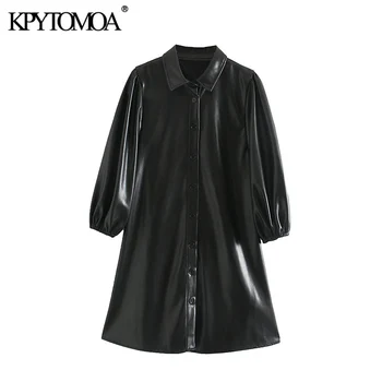 

Vintage Stylish Faux Leather Black Mini Dress Women 2020 Fashion Lapel Collar Long Sleeve Female PU Dresses Chic Vestidos Mujer