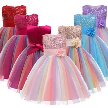 Robe de printemps en maille pour filles, motif floral, ourlet arc en ciel, tenue de princesse Tutu pour adolescentes, Costumes de fête d'anniversaire et de mariage