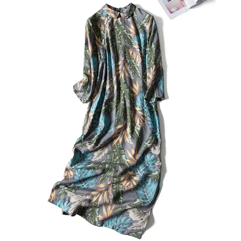 

Chinese Style Print Dresses Woman Party Night Silk Blend 3/4 Sleeve Vestidos Verano 2020 Mid-Calf Peter Pan Collar Dresses