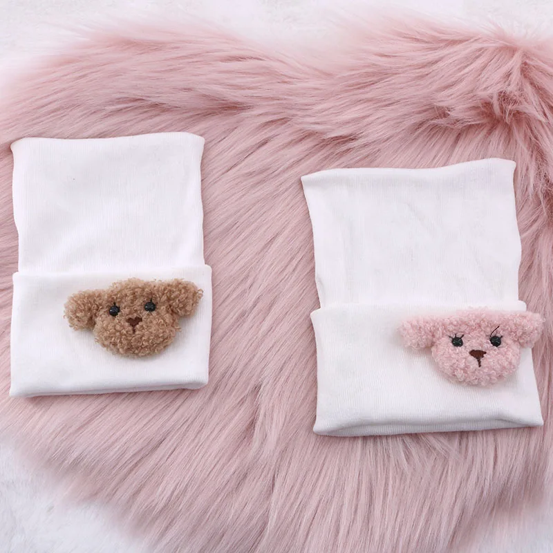 Cute Teddy Bear White Cotton Knitted Beanies Hat For Baby Girls Boys 0-4 Month Kids Childs Winter Hats Soft New Born Bonnet