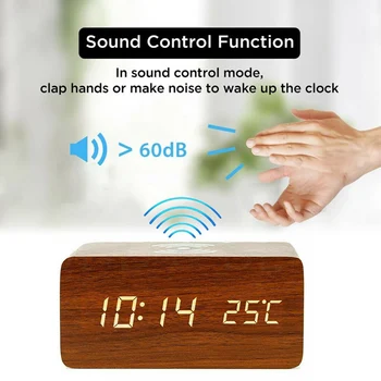 

3 In 1 LED Voice Control Alarm Clock Wood Mute QI Wireless Charging Dual Power Supply QI Wireless Charger For Samsung IPhone LG