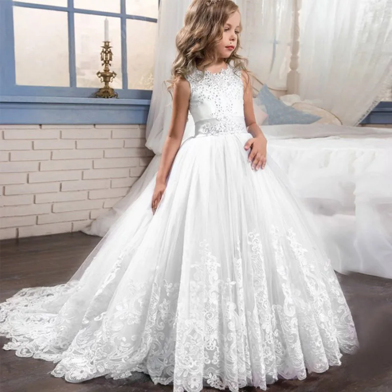 

Formal White Lace Bow Wedding Girls Dress Clothes First Communion Long Evening Princess Party Dress for Girl 3-14 Year Costume