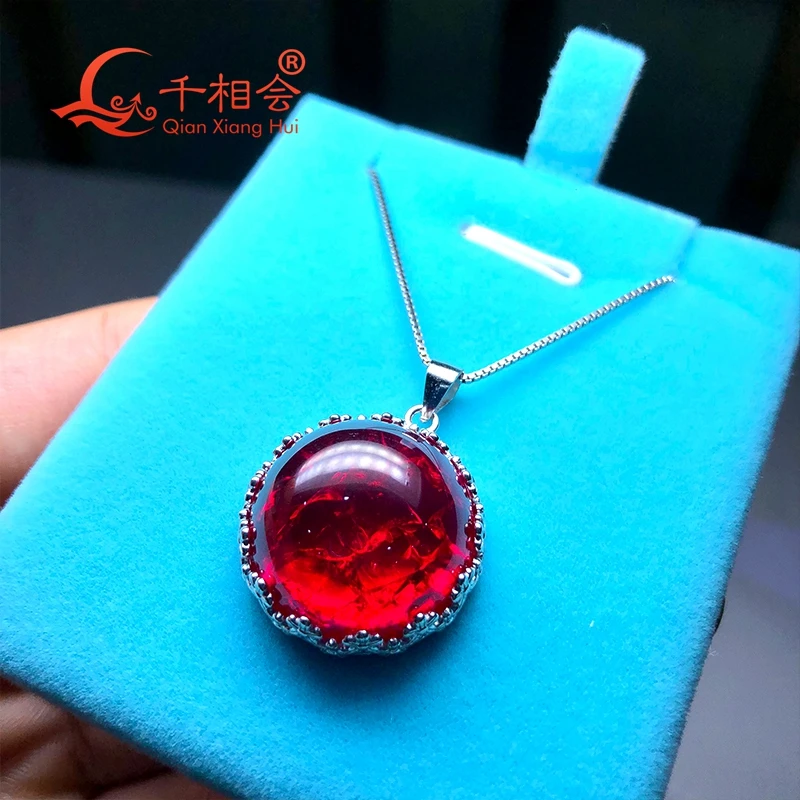 Details about   35x35mm SheCrown Round Shape Red Blood Ruby CZ For Women Dating Silver Pendant 