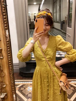 

2020 Summer Puff Sleeve Vintage V-neck Elegant Long Dress Women White Plus Size Dresses High Waist Artistic Ladies Dresses