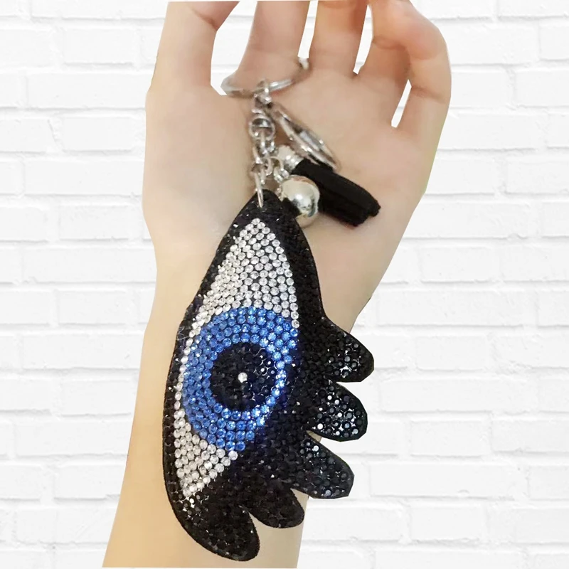 Best Turkish Evil Eye Keychain Leather Tassel Key Ring Women Silver Chain Fashion Car Bag Pendant Cloth Rhinestone Base Key Chains