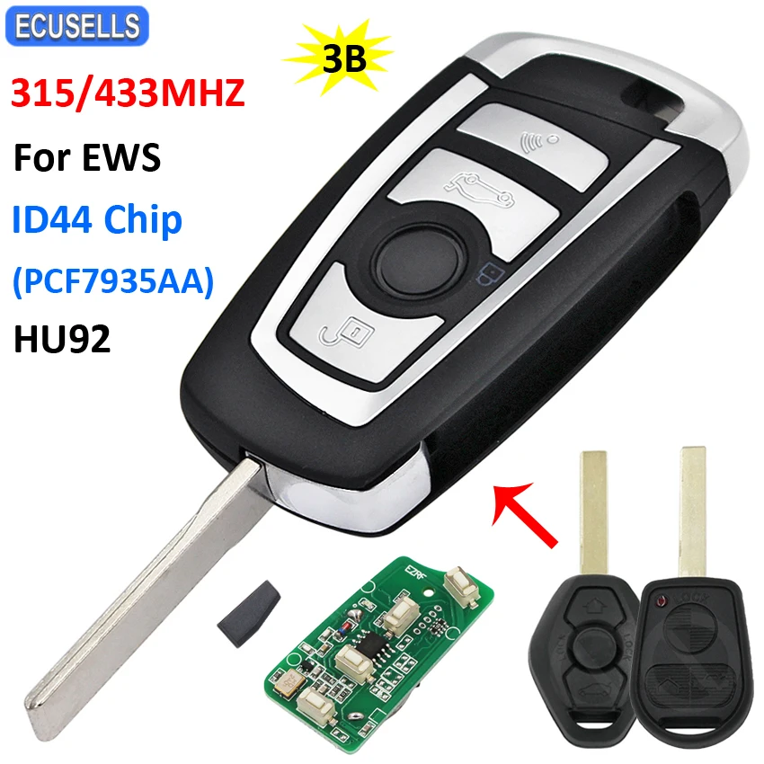 3 Button Flip Remote Smart Car Key 315Mhz / 433Mhz HU92 Uncut Blade ID44/PCF7935AA Chip for BMW EWS 5 7 X5 Series M5 X3 E65 | Автомобили и