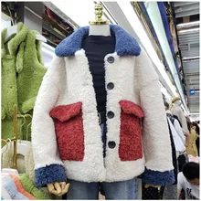 Корейское зимнее пальто с искусственным мехом, Женское пальто с длинным рукавом, контрастный цвет, полушерстяная куртка, Толстая теплая модная короткая винтажная верхняя одежда