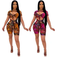 

RStylish 2021 Summer Women Clothing Sexy Print Lace Up Hollow Out Short Sleeve Clubwear Bodycon Rompers
