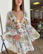 

Women's New Mesh Embroidery Sexy Cute Lantern Sleeve Dress Floral Embroidery Sexy V-neck Dress 2021 Cute Mini Vintage Dress