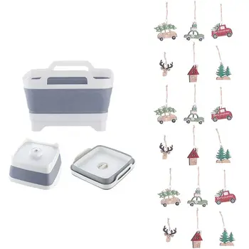 

1x Dish Tub, Food Strainers Collapsible Fruits Drainer Basket & 18x Natural Wood Craft Christmas Tree Wooden Pendant