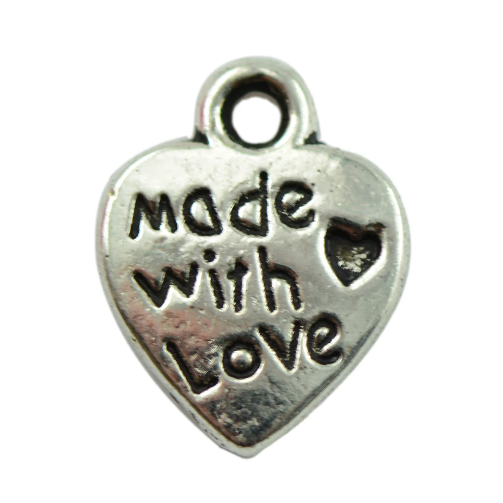 100 Pieces MADE WITH LOVE Rectangle Love Heart Shape Pendant DIY Making Antique silver color