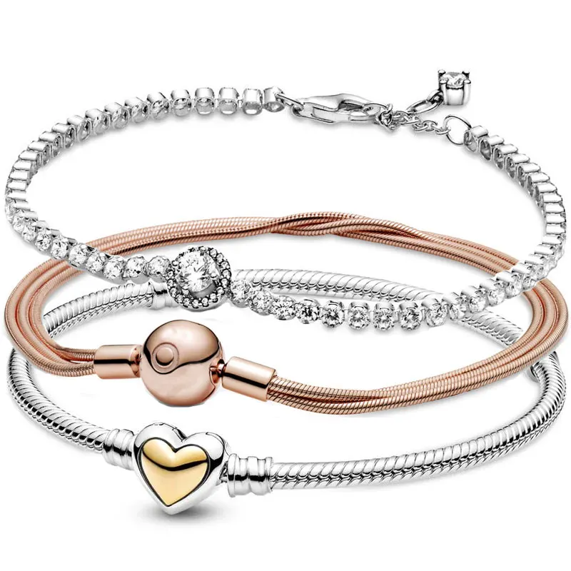 

100% 925 Sterling Silver Rose Multi Domed Golden Heart Clasp Snake Chain Halo Tennis Bracelet Fit Fashion Bead Charm Diy Jewelry