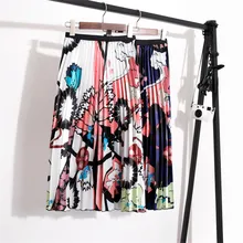 Long Skirt Female Printed Cartoon Maxi Skirt High Elasticity Pleated Cartoon Pattern Fashion Casual Lady High Waist Skirts