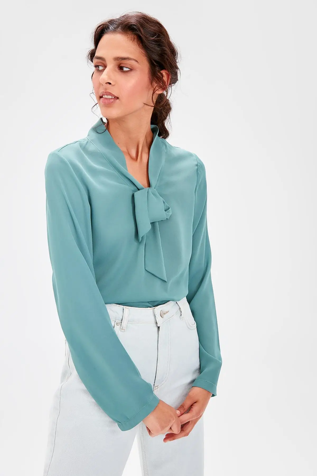 Trendyol зеленая шнуровка detayl'bluz TWOAW20BZ0713