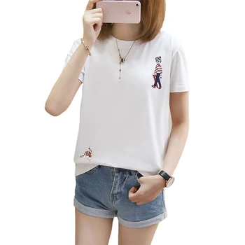 

2020 New Women T-shirt Casual Cartoon Embroidery t Tops Tee Summer Female T shirt Short Sleeve Loose 5XL T shirt For Women 100KG