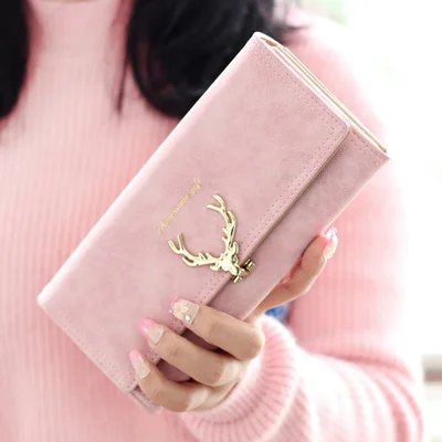 Роскошный однотонный кошелек карамельного цвета на молнии, длинный женский кошелек с рождественским оленем, женские кошельки из искусственной кожи держатель для карт, Модный женский кошелек - Цвет: pink